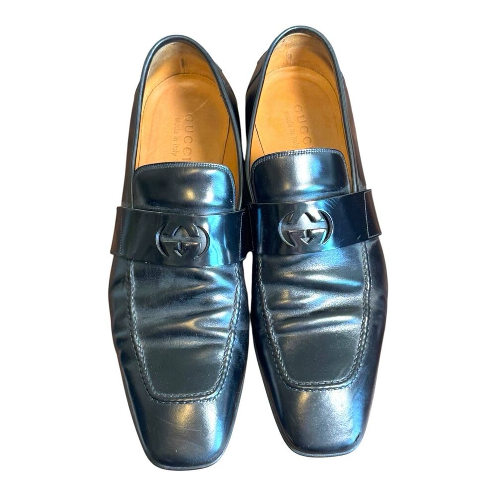 Gucci Men's Black Leather Mila Wimbledon Logo Loafers Size 10.5 Shoes